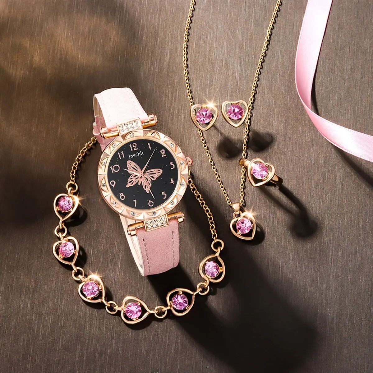 6ps Ladies Fashion Casual Star Butterfly Digital Rhinestone Belt Quartz Watch Powder Crystal Necklace Earrings Bracelet Gift Set