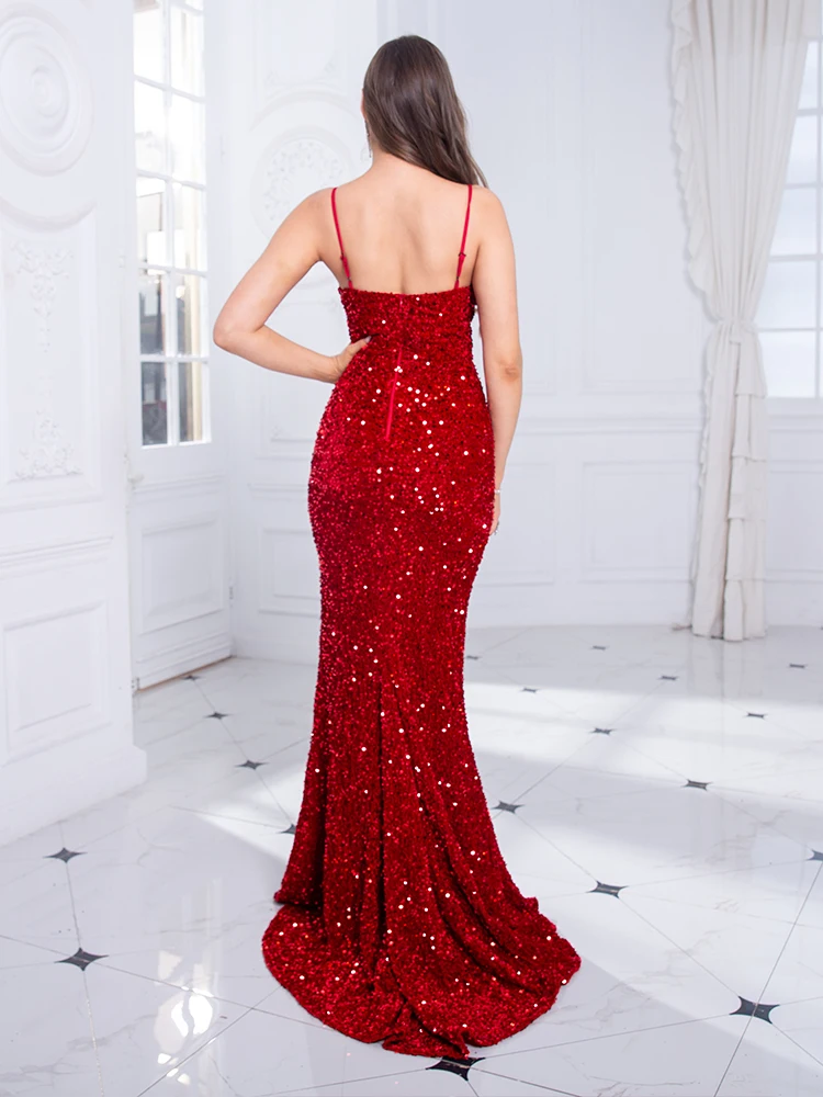 Vestido de fiesta de noche con abertura alta, vestido de sirena sin mangas, espalda abierta, rojo, largo hasta el suelo