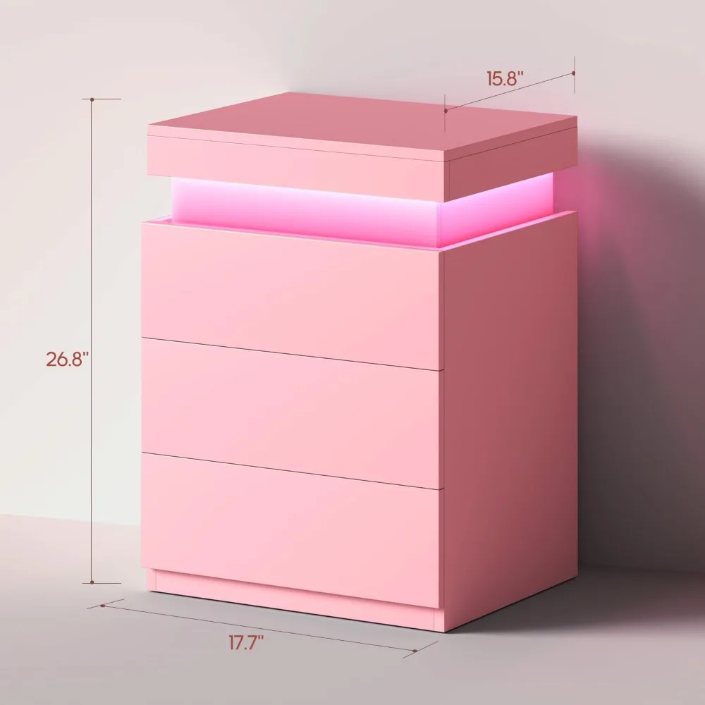 Pink Nightstand with Charging Station and LED Lights Bedside Table for Bedroom