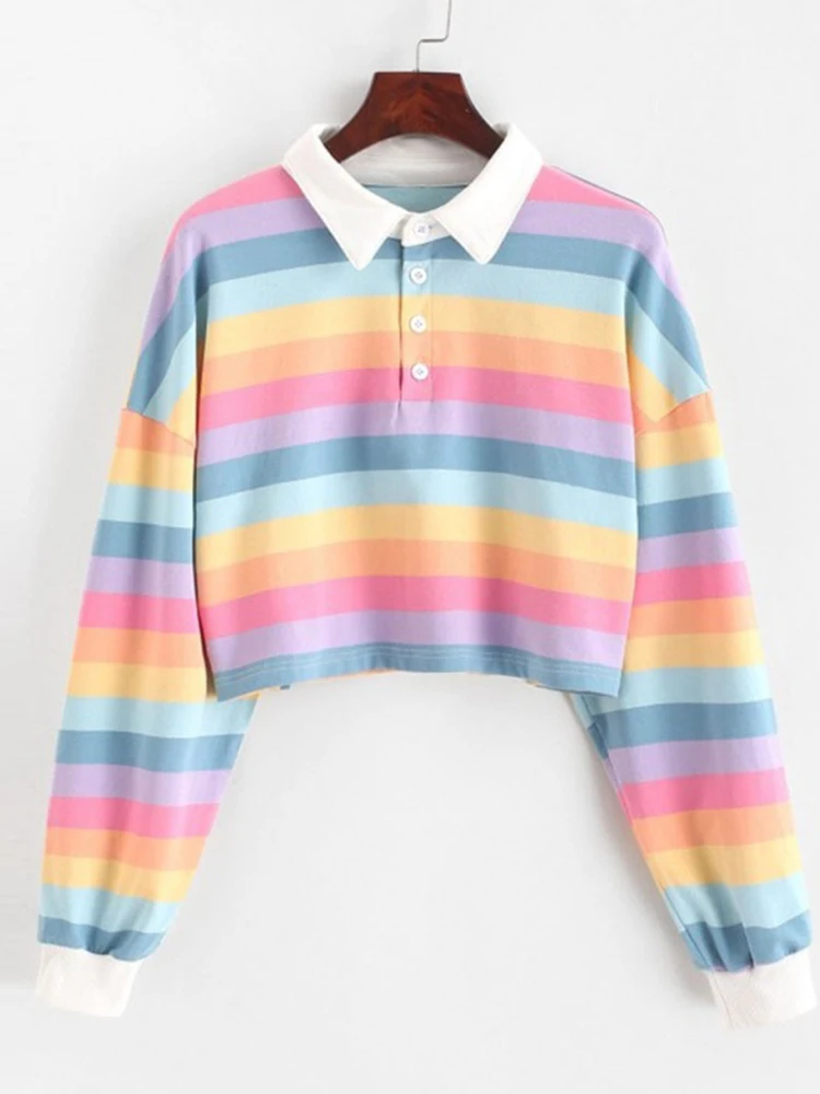 

Women's 2025 Polo Shirt Long Sleeve Rainbow Striped Hoodie Korean Style Sweatshirt with Button Ladies Fashion Top