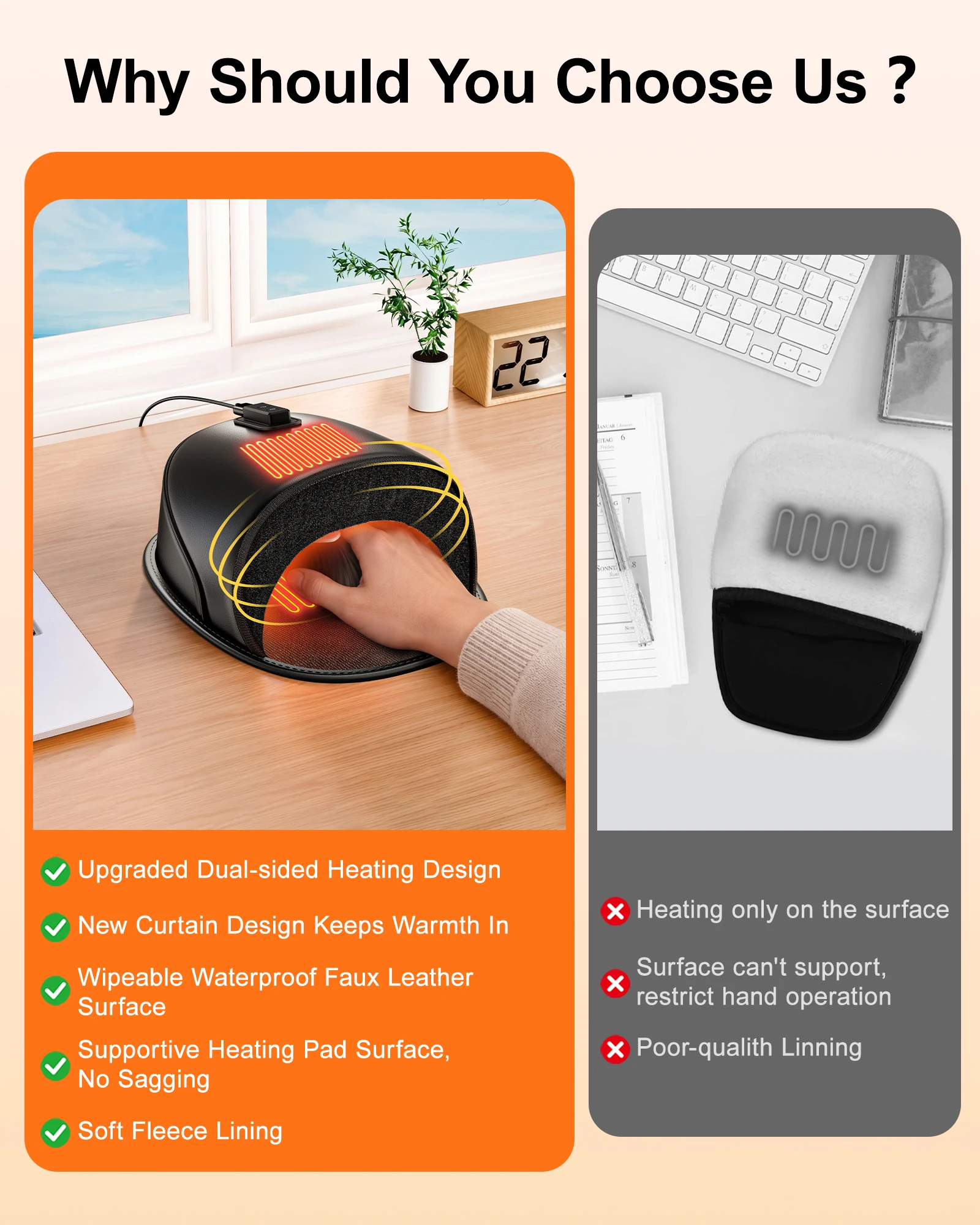 Eary USB Heated Mouse Pad Hand Warmer for Desk Office Gaming Dual-Sided Heating 3 Heat & Timer Waterproof Faux Leather Surface