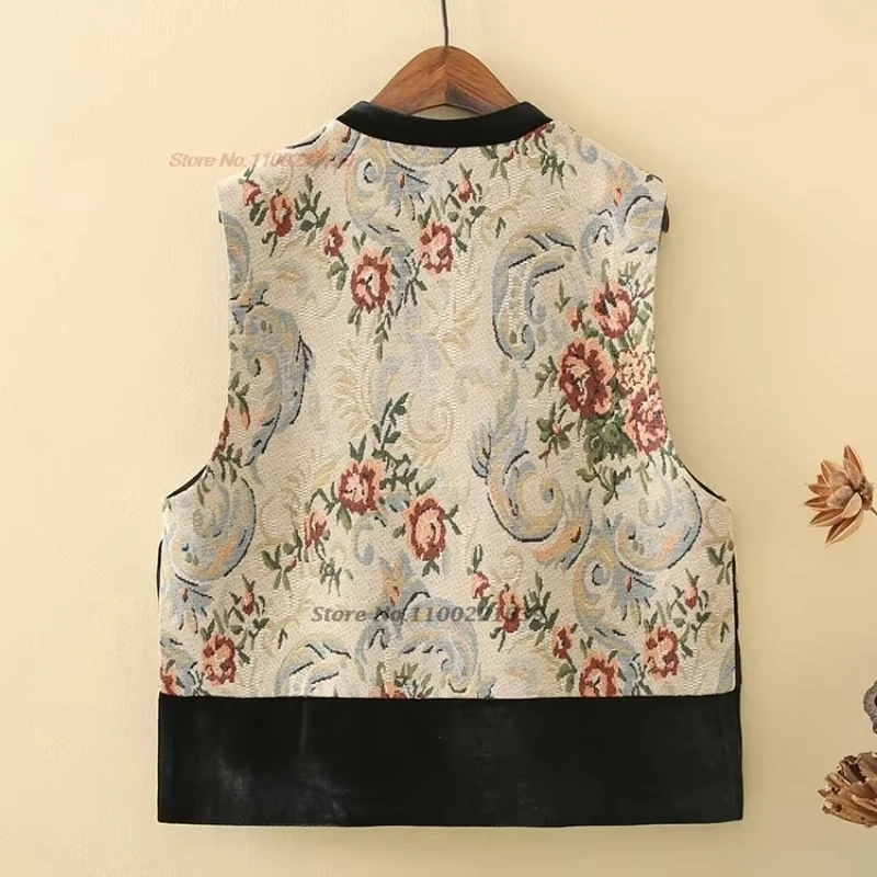 2026 national flower jacquard folk vest traditional velvet patchwork stand collar vest chinese hanfu tops ethnic elegant vest
