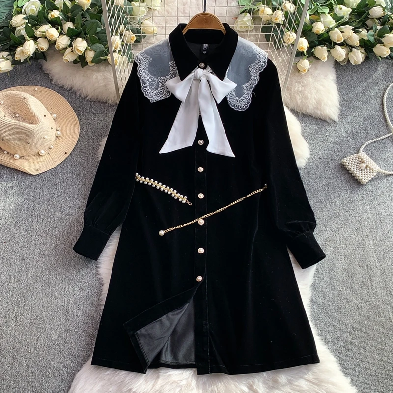 Picture 4: European and American Court Style Lace Shawl Lapel Dress Women's Lace up Waist Cinching Slim Velvet Long Dress