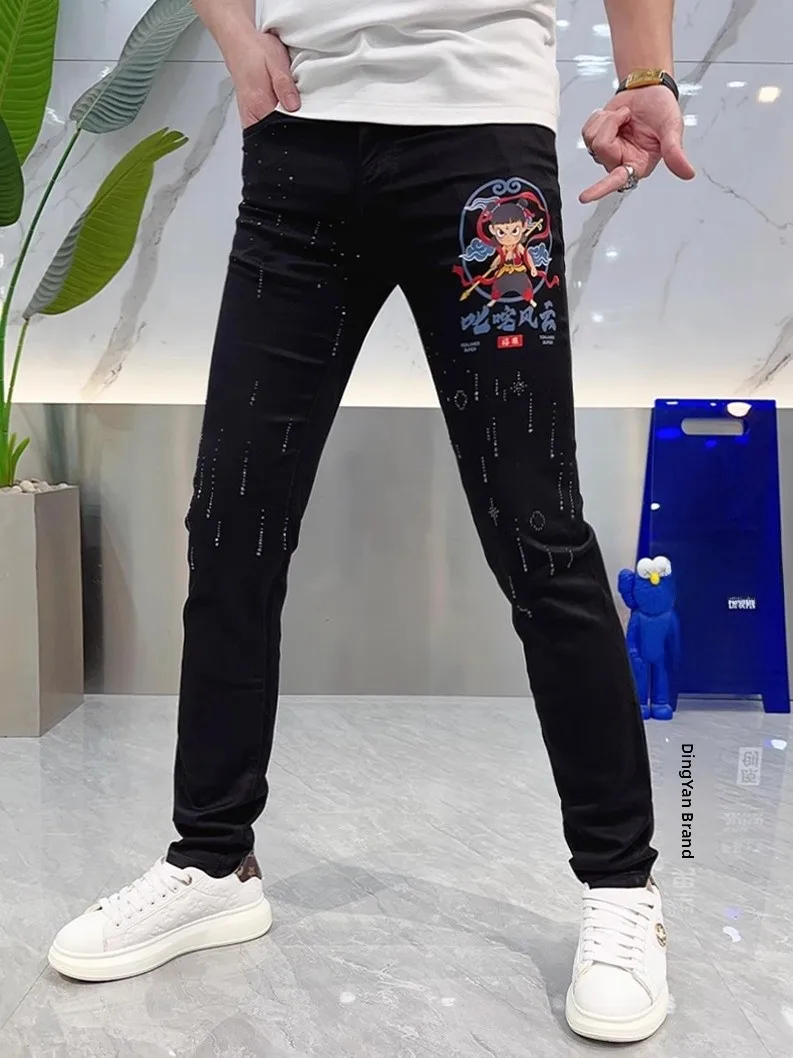 

Summer Trendy Men's Skinny Jeans Bla Faion Cartoon Print Rhinestone Thin Sle Slim Fit Pants Breathable Long Trousers