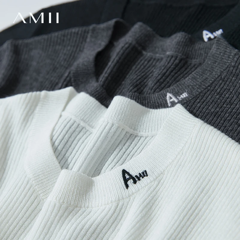 Amii Minimalism Knitted Sweater for Women 2026 Autumn Mid Sleeve Solid O Neck Versatile Pullovers Embroidery Slim Tops 12541082