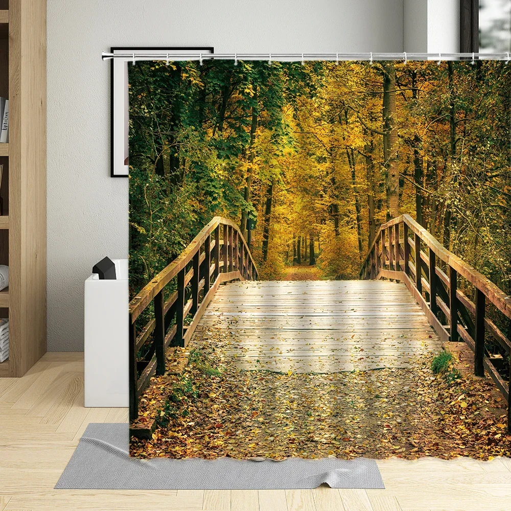 Autumn Landscape Shower Curtains Rail Bridge Forest Beach Scenery Pattern Bathroom Decor Polyester Cloth Curtain Sets ​With Hook