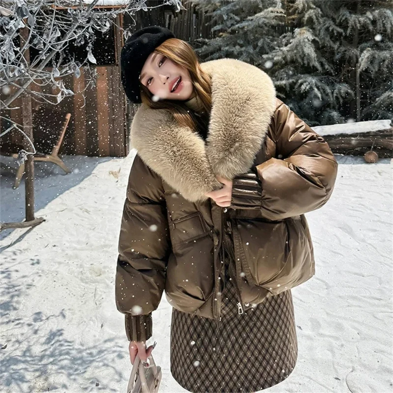 2025 casacos quentes de neve inverno feminino para baixo casaco de algodão streetwear gola de pele do falso grosso curto algodão acolchoado feminino básico