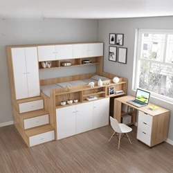 Kinderbett, halbhohes Bett, Schreibtisch, Kleiderschrank, einteiliges Set, Schlafzimmer, kleine Einheit, platzsparender Stauraum