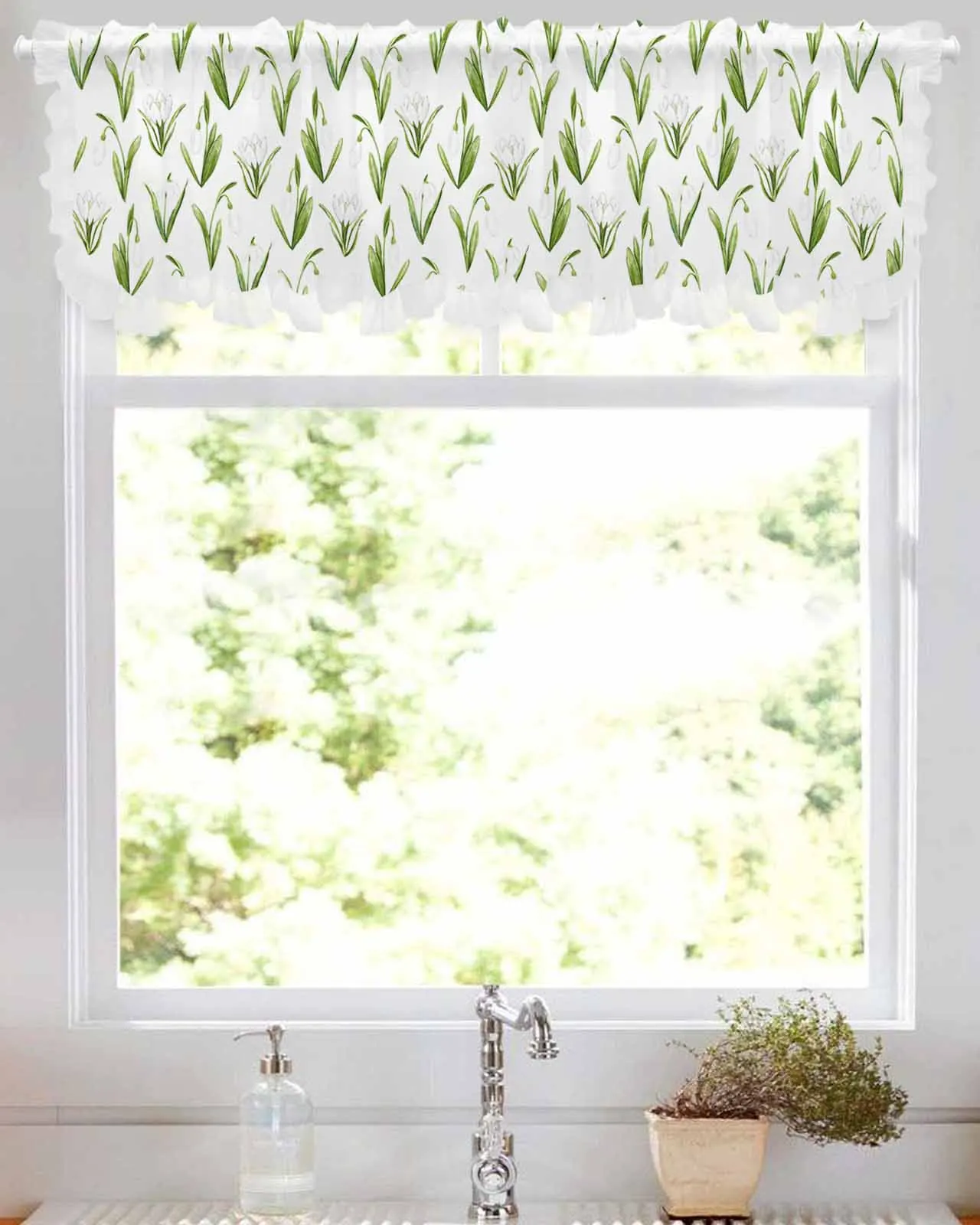 

Spring Tulip Flower Plant Short Tulle Half Curtains for Living Room Kitchen Door Cafe Window Sheer Valance Drapes