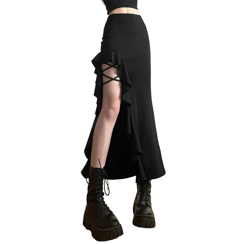 

Women Gothic Punk Sexy Irregular Midi Long Skirt Harajuku Side Split Ruffle Trim Casual Party High Waist Bodycon Skirts Clubwear