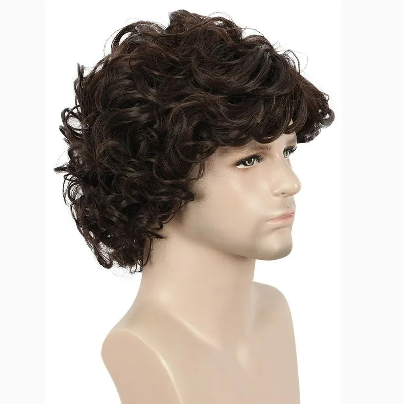 Men Short Wavy Brown Wig Halloween Cosplay Costume Synthetic Hair Wigs High Temperature Fiber Machine Made