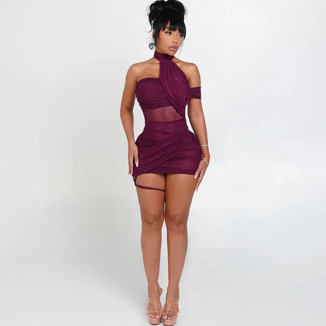 Women Solid Color Sheer Mesh Bodycon Mini Dress Halter Neck Off-Shoulder Cutout Strappy Gown Sexy Outfit For Dating & Night Out