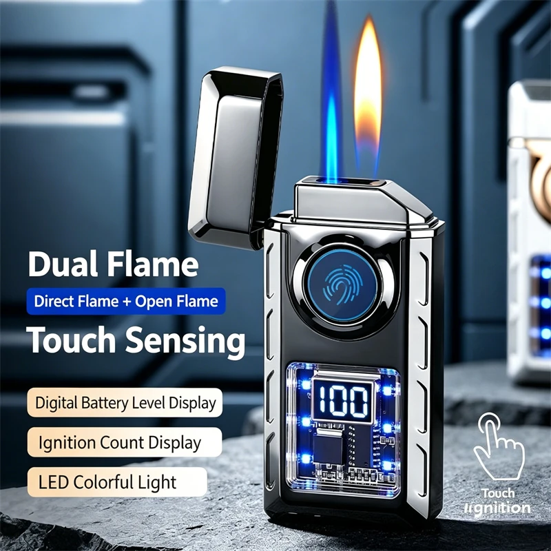 Touch Sensor Arc Windproof Butane Lighter With Power Indicator, Dual Flame Rechargeable Cigarette Lighter Mens Smoking Tool Gift