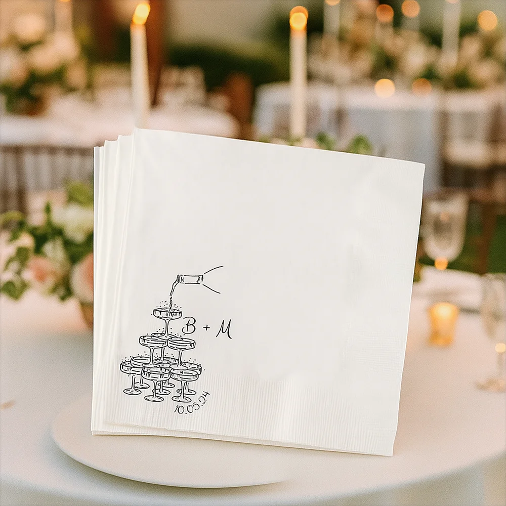 Personalizowane serwetki ślubne, serwetki z nadrukiem na rocznicę ślubu i zaręczyny, serwetki koktajlowe z monogramem na kolację.