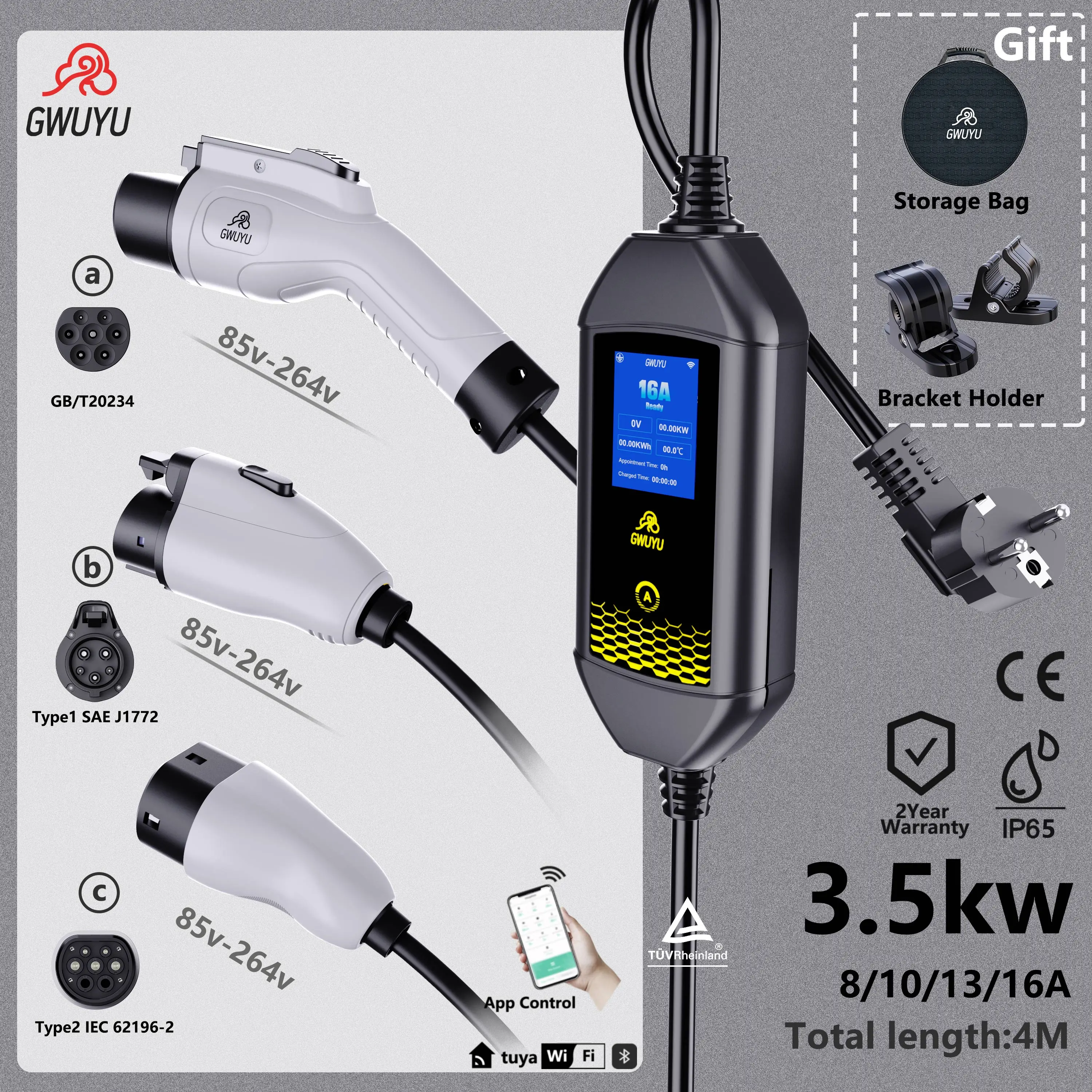 GWUYU EV شاحن محمول 3.5KW 16A 1 المرحلة Type2/GBT التوصيل محطة شحن صندوق الحائط مع WiFi بلوتوث APP التحكم Type1 4m #1