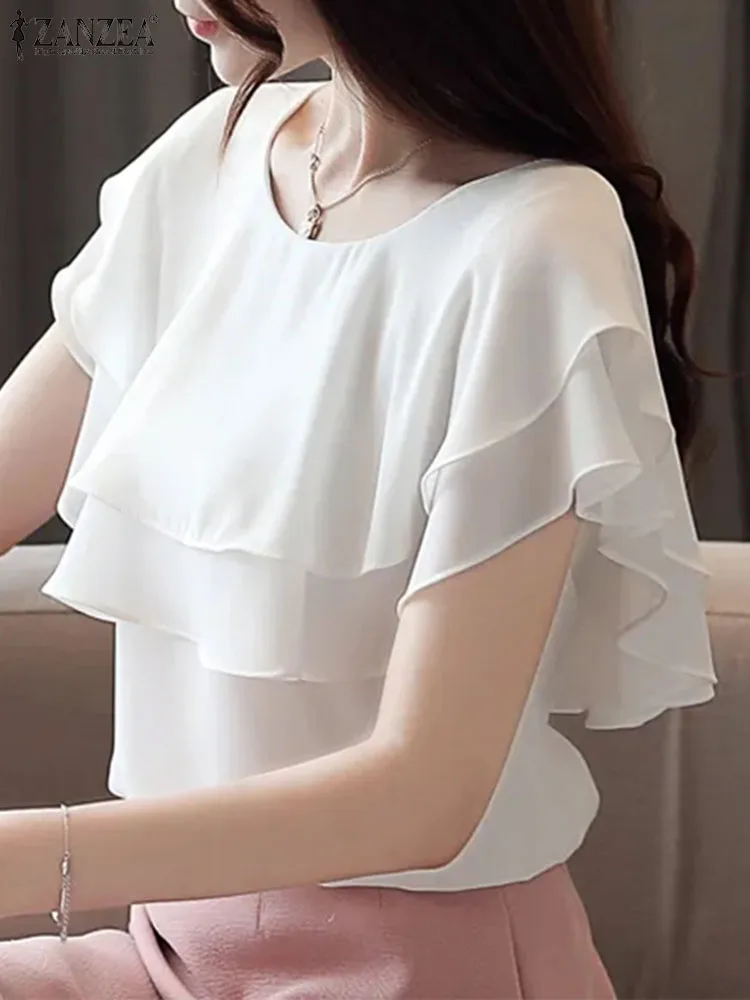 ZANZEA Fashion Pleated Solid Tops Women Short Sleeve Blouses Double Ruffled Stitching Casual Shirts Vintage O Neck Blusas Femme