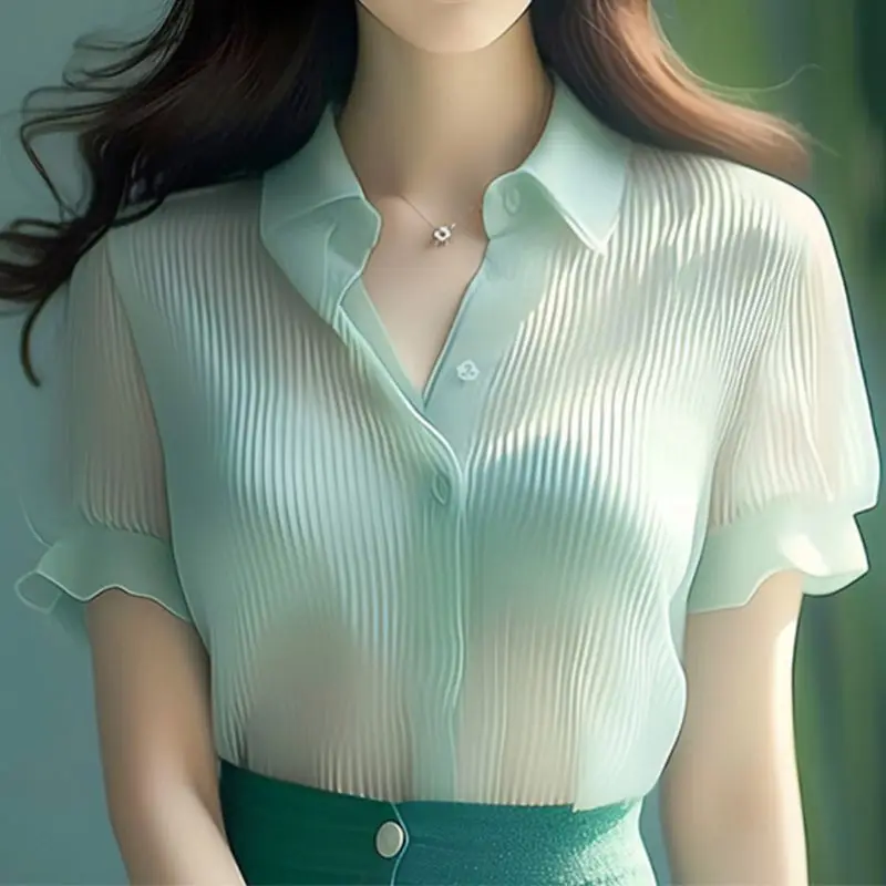 Camisa holgada de manga corta plisada francesa etérica, blusa superior elegante de oficina con diseño adelgazante fresco