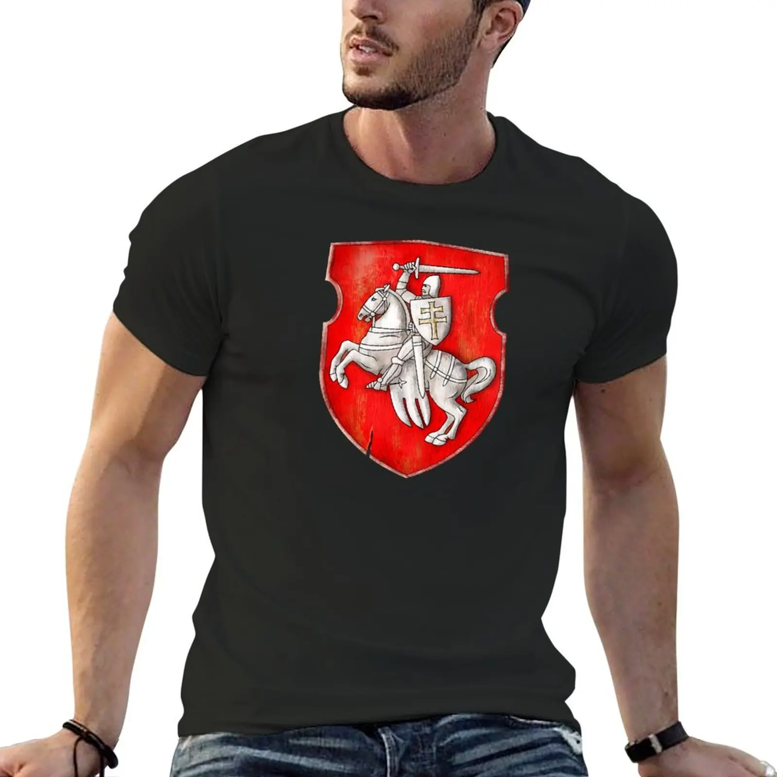 Belarus old coat of arms . White knight on red T-Shirt cheap stuff anime t shirts summer tops Men's t-shirt