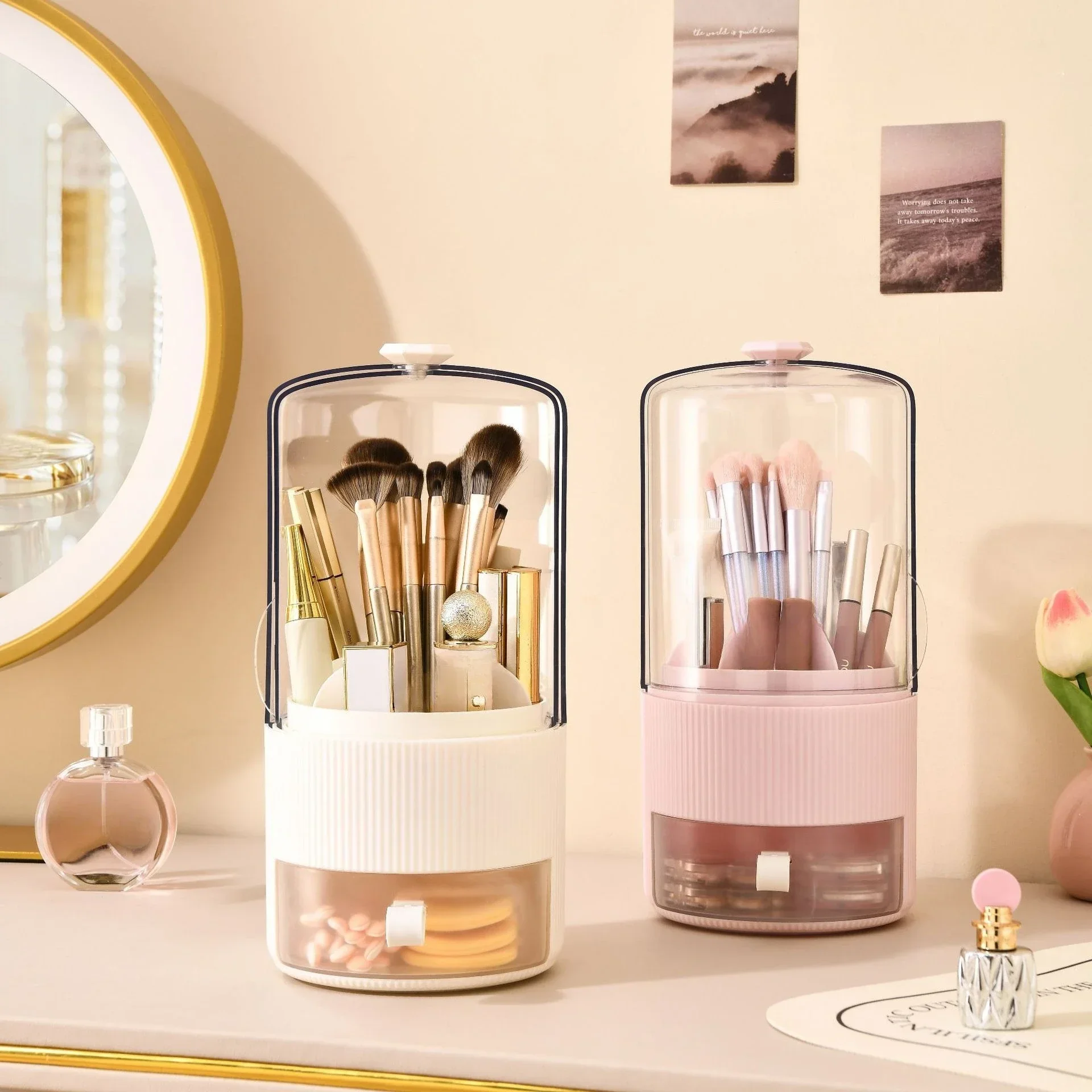 Rotating Clear Acrylic Makeup Brush Holder with Dustproof Lid Cosmetic Tool Storage Organizer for  Vanity, Bathroom