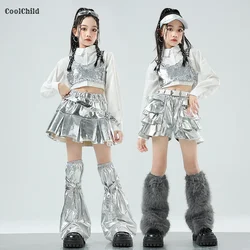 Hip Hop Girls K-pop Sequin Crop Top Shirt Street Dance Silver Skirts Kids Streetwear Child Jazz Costume Girl Group Clothes Sets