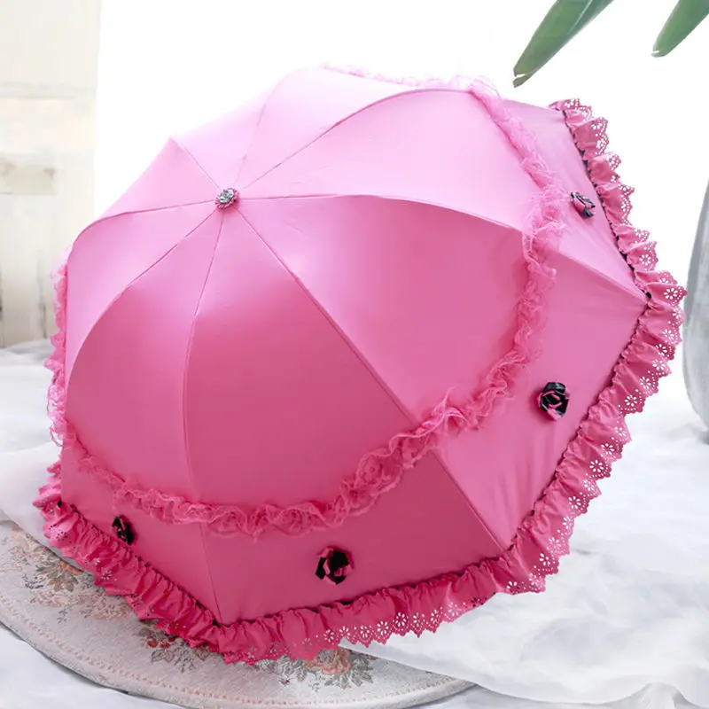 Cute Flower Lace Rain Umbrella for Girl Windproof UV Sun Protection Lady Princess Wedding Parasol Female Travel Compact Sunshade