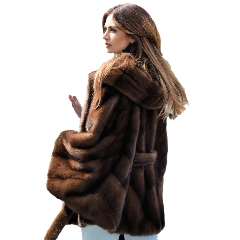 Furry Belted Women Winter Mink Fur Jacket Brown Batwing Sleeve Lady's Eco Fur Outwear Waist-cinching Slim Female Eco Fur Coat