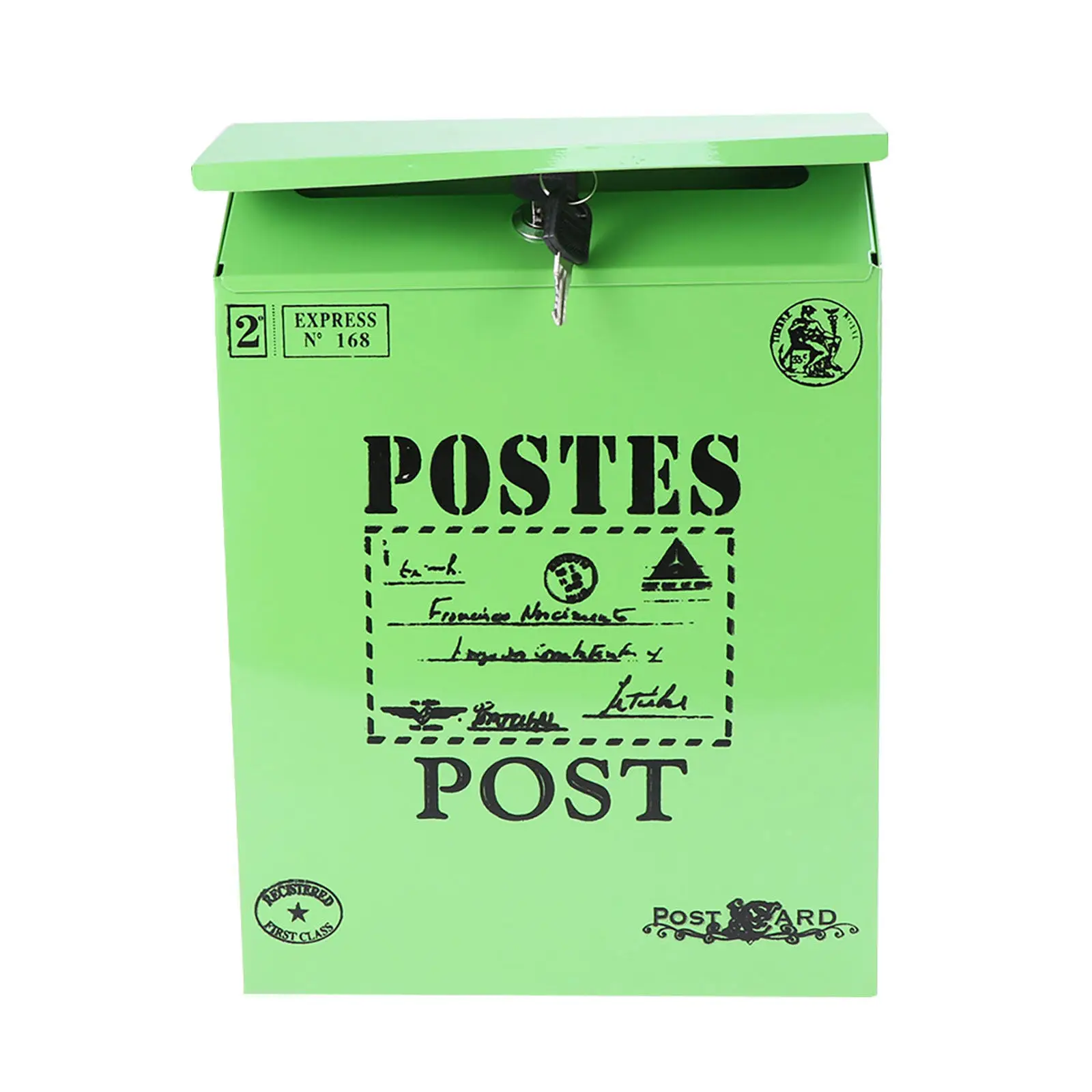 Green Vintage Iron Post Box Wall Decorative Mailbox with Locking Function Keys Letter Print Design Metal Retro Wall Hanging