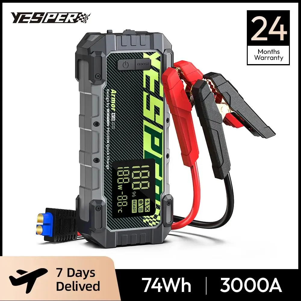 Стартер YESPER для тяжелых условий эксплуатации: предварительный нагрев двигателя для экстремального холода, внешний аккумулятор 3000 А, 20 000 мАч, PD 100 Вт, противоударный