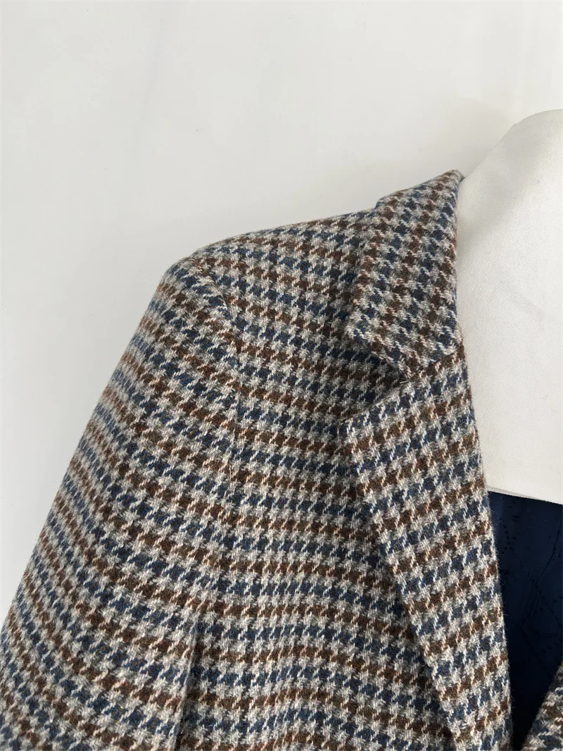 Houndstooth Women Single Button Blazer Long Sleeve Fashion Vintage Wool Blends Autumn 2026 New Lady Temperament Jacket