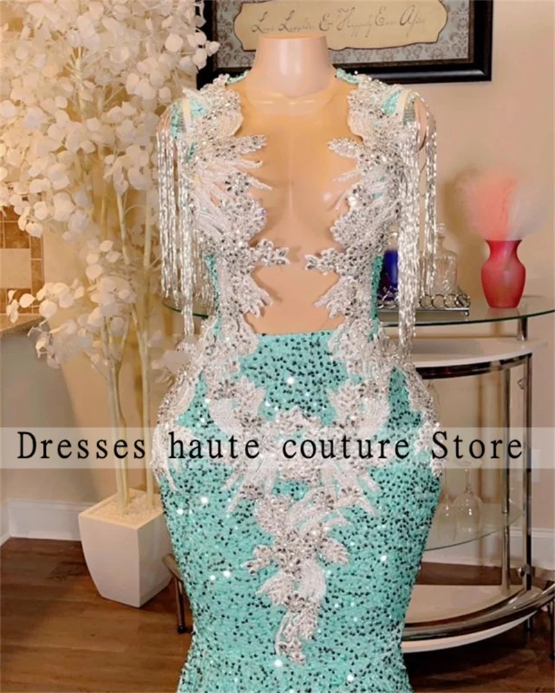 Glitter Sequins Appliques Mermaid Prom Dresses 2025 For Black Girls Sexy Rhinestones Crystal Tassel Party Gowns Customized