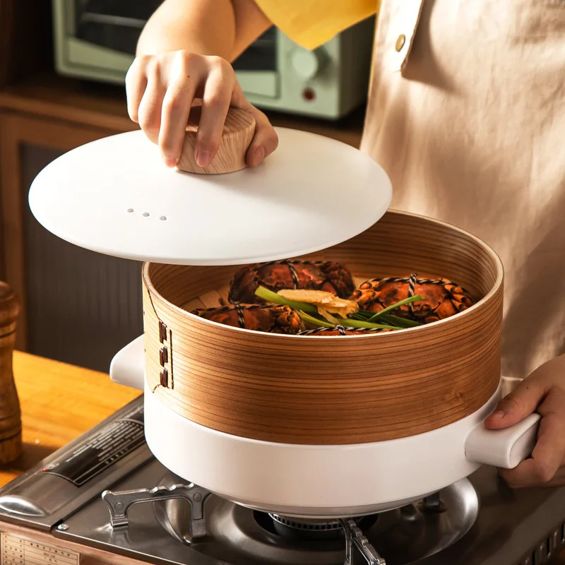 Japanese Steamer Casserole with Steamer Soup Pot Stew Pot Bamboo Multi-layer Hotel Household Ceramic Steamer Size Shallow Pot