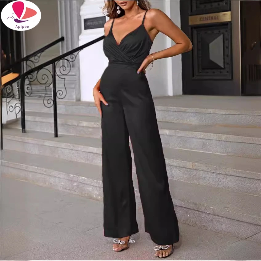 

APIPEE 2024 Women Hollow Out Strappy Jumpsuit Elegant V-Neck Sexy Bodysuit Romper Casual Fashion Solid Color Summer Jumpsuit