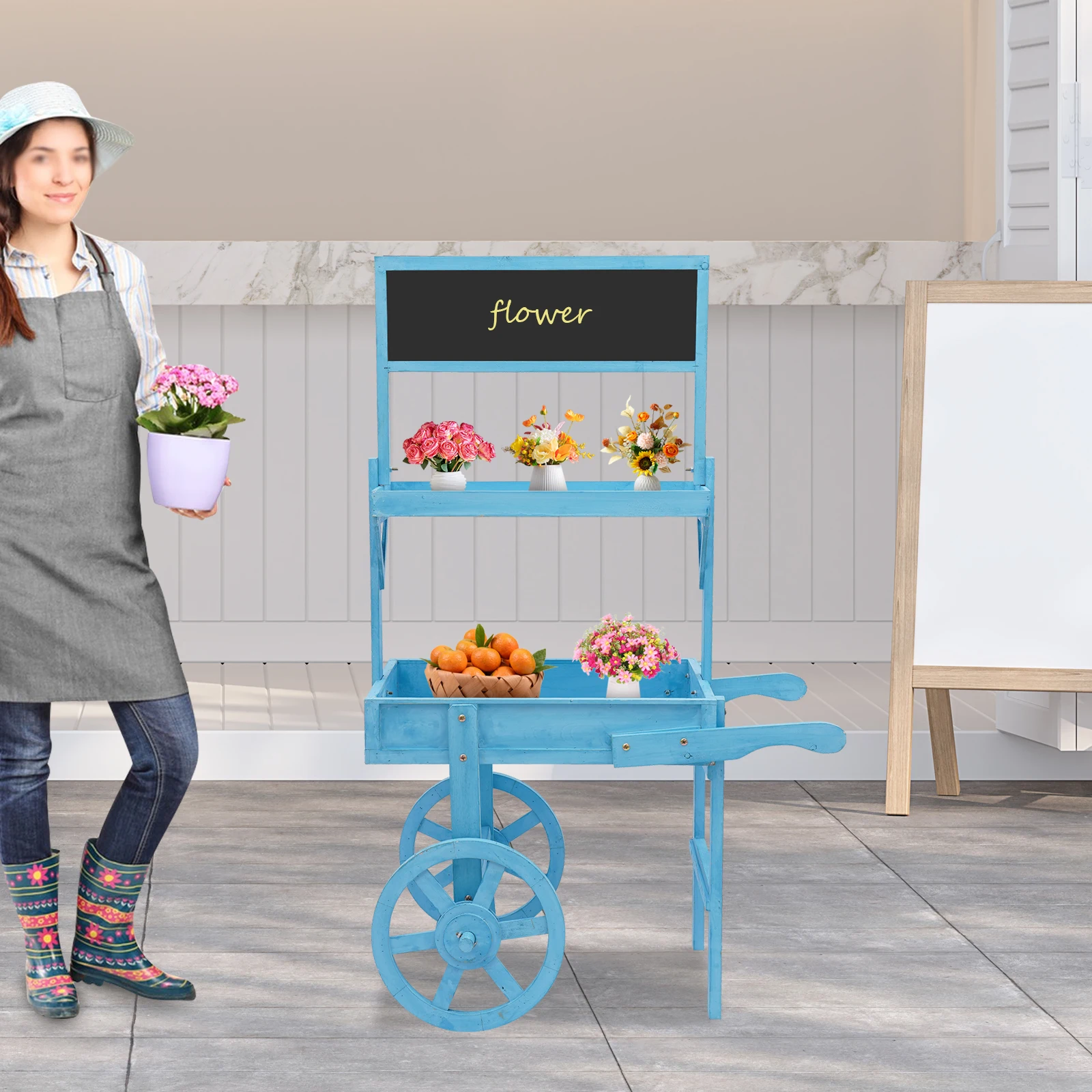 

Blue 2-Tier Fir Wood Flower Display Stand With Blackboard Design For Indoor Plant And Decoration Storage