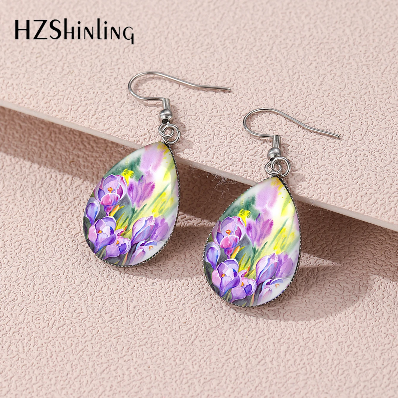 2024 New Fashion Purple Crocus Beautiful Flowers Botanic Tear Drop Fish Hook Earrings Handmade Stainless Steel Jewelry Earrings image 5