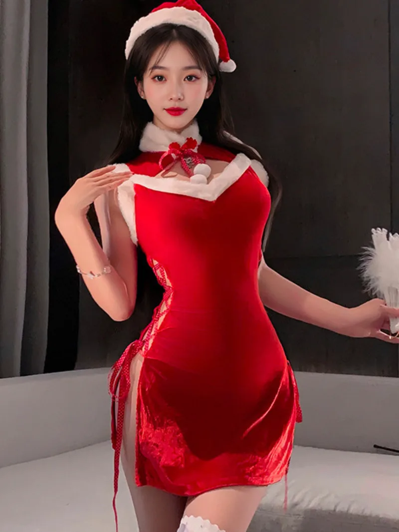 New Sexy Nightdress For Women Christmas Velvet Set Lace-up Costume Women's Hooded Side-slit Pure Desire Nightdress High-end NEBB