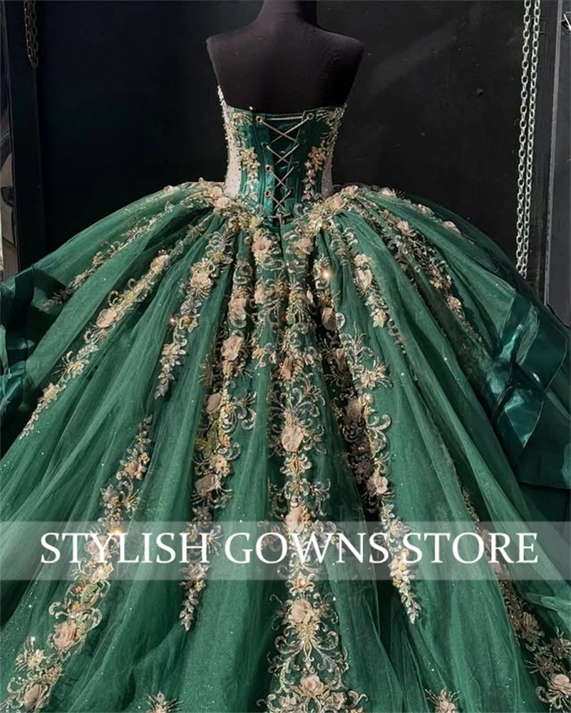 ชุดราตรีออกงานสีเขียวแบบเปิดไหล่สำหรับงาน Quinceanera ชุดเดรส Vestidos De 15 Anos ประดับลูกไม้ ชุดราตรีงานวันเกิด สามารถสั่งตัดได้