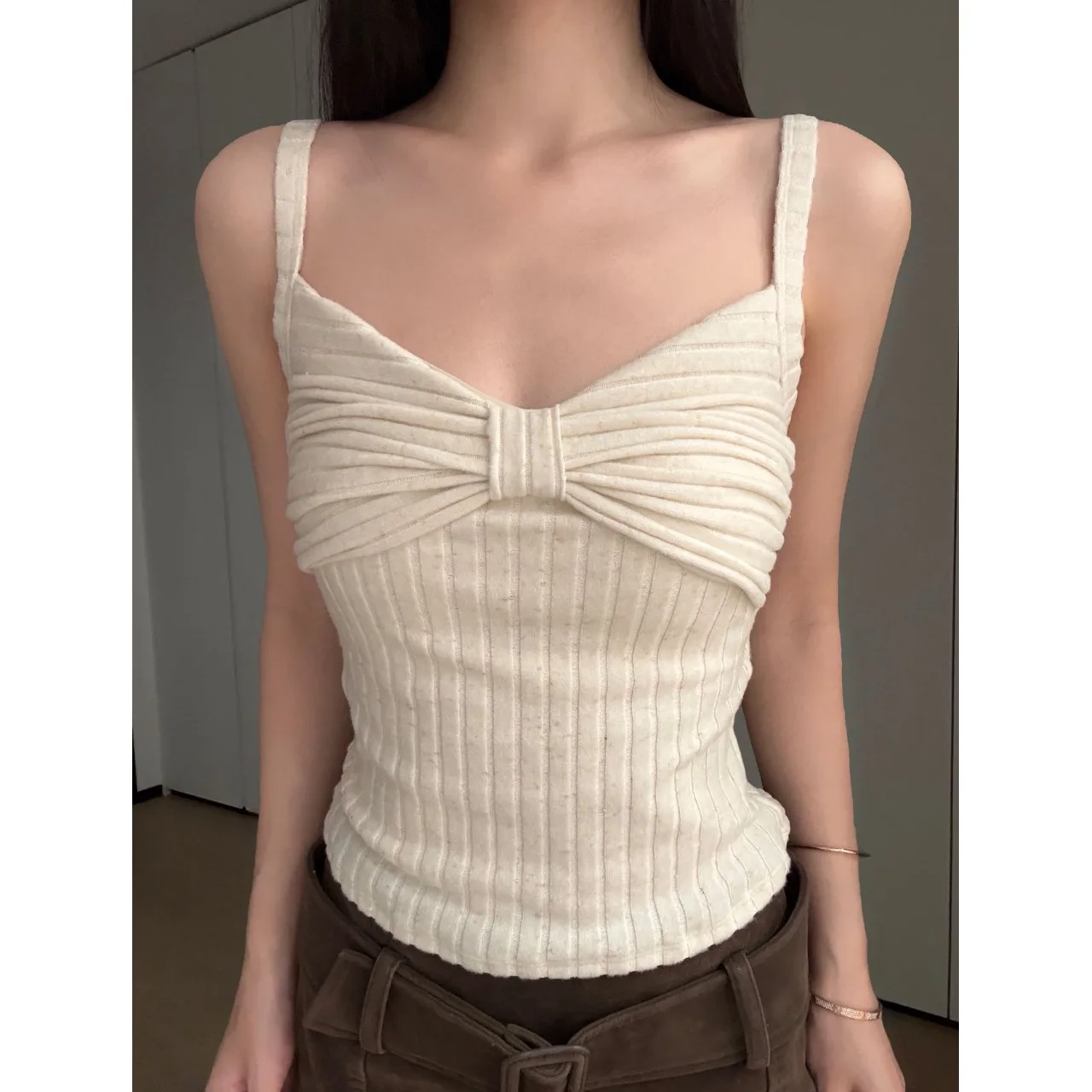 Elegant  Knot Strap Elastic Knitted Fabric Thickened 2cm 3D Fixed Chest Pad Beautiful Back Vest Tank Top for Women
