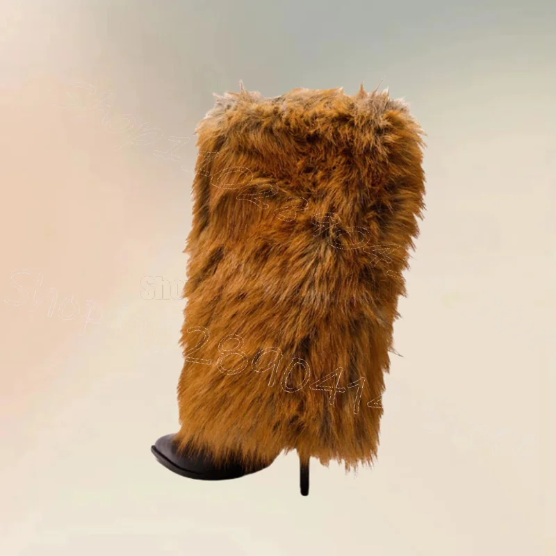 

Brown Fur Design Black Pointed Toe Boots Slip On Women Shoes Thin High Heels Novel Party Dating Feast 2026 Zapatos Para Mujere