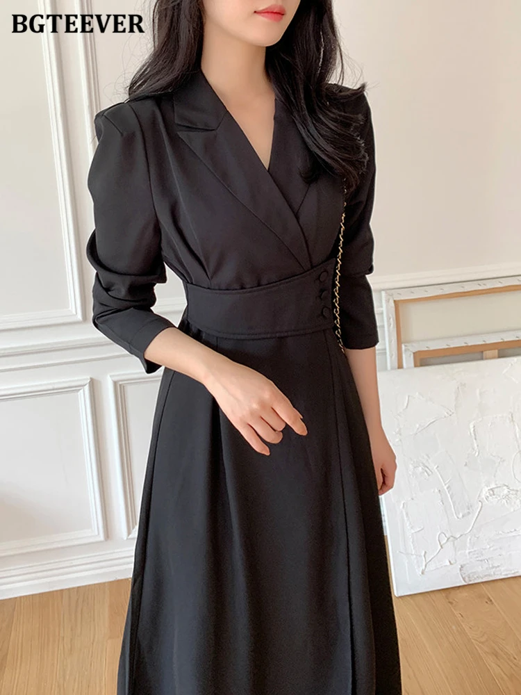 BGTEEVER Elegant Notched Collar Solid Suit Dress Women Spring Autumn Long Sleeve Belted Slim Waist A-line Dress Female