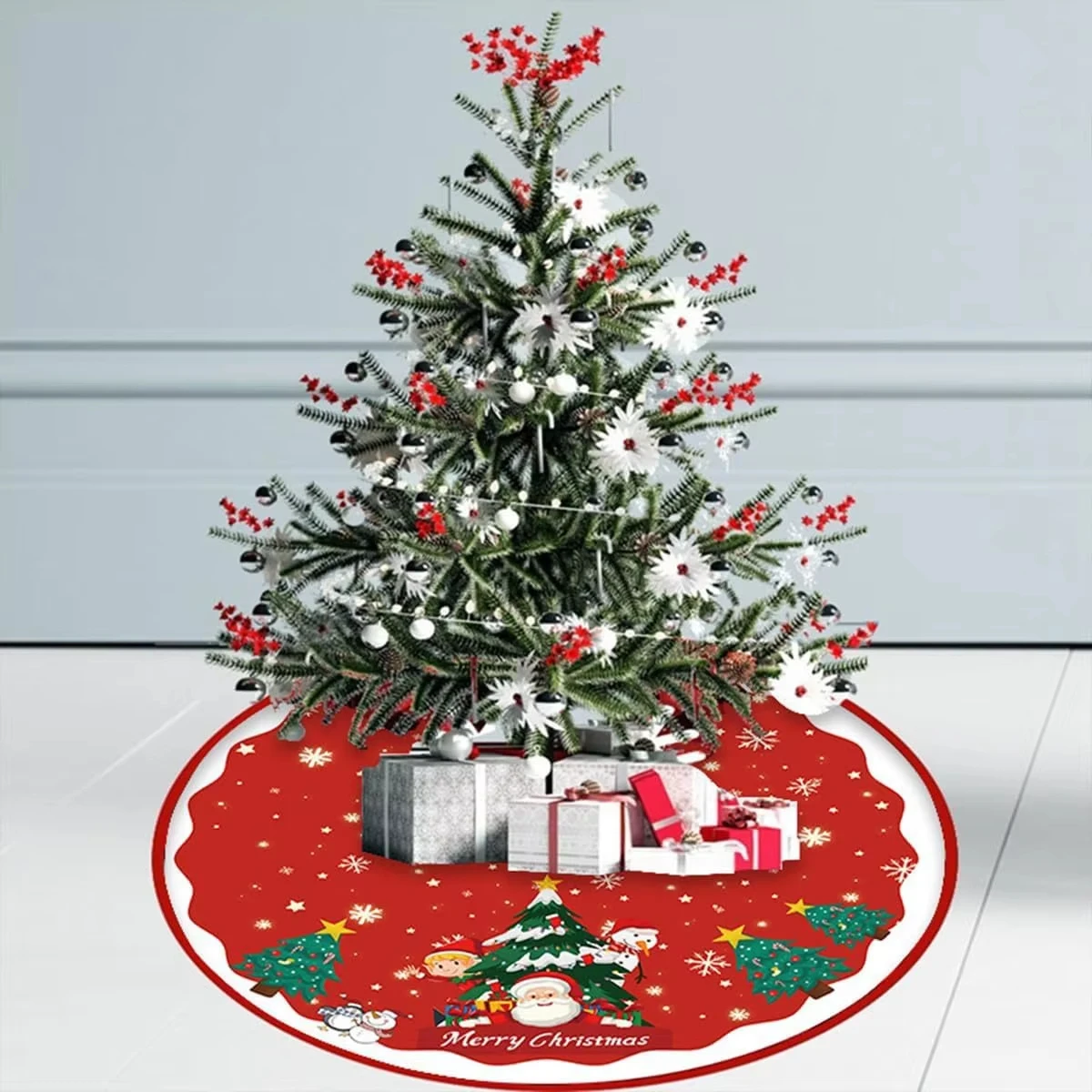 VIKAMA Christmas Tree Dress with Circular Print Red Christmas Tree Base Apron for Holiday Decoration Setup, Customizable
