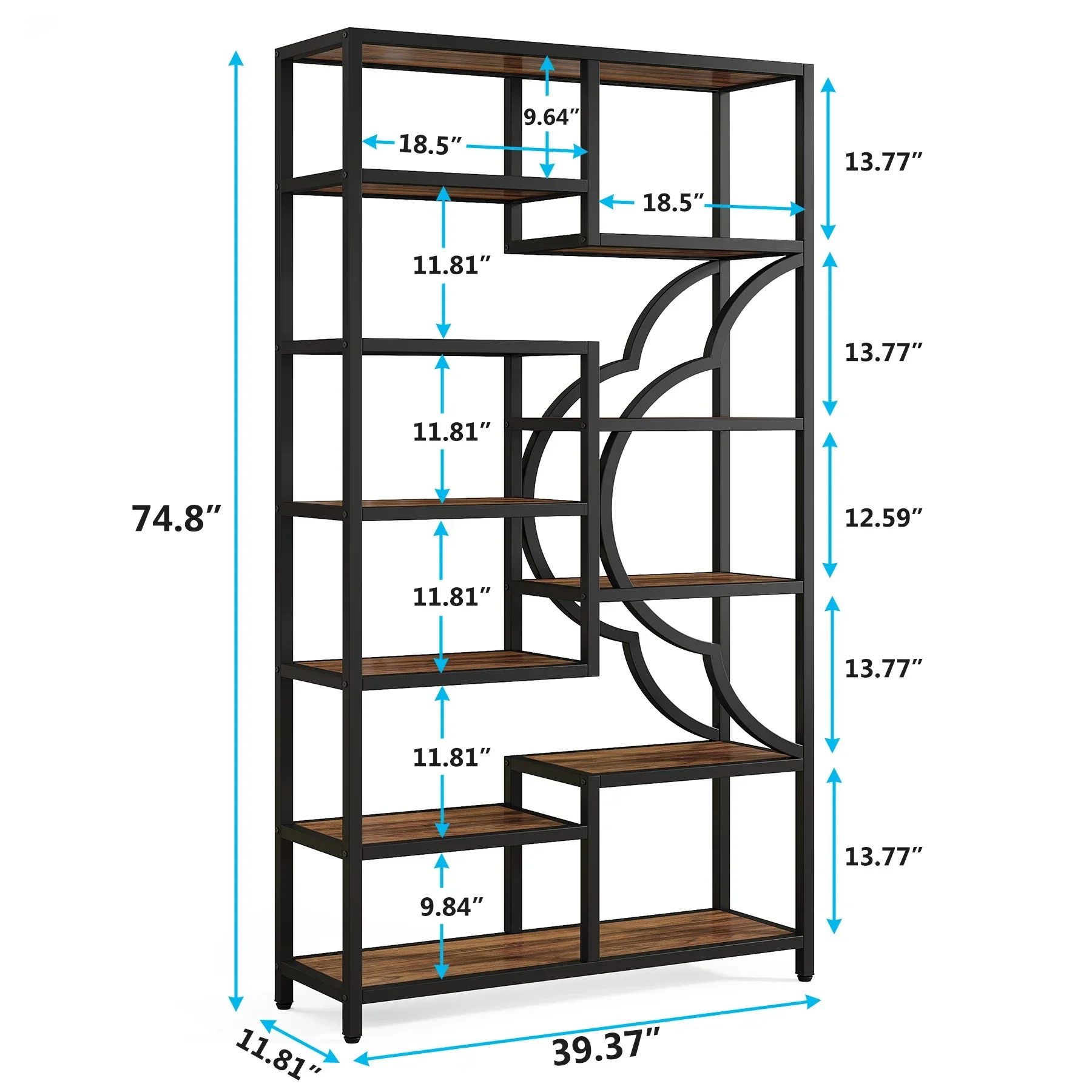 Tribesigns Bookshelf, 11-Shelves Tall Bookcase with Unique Arc-Shaped Design, Industrial Etagere Display Storage Shelves