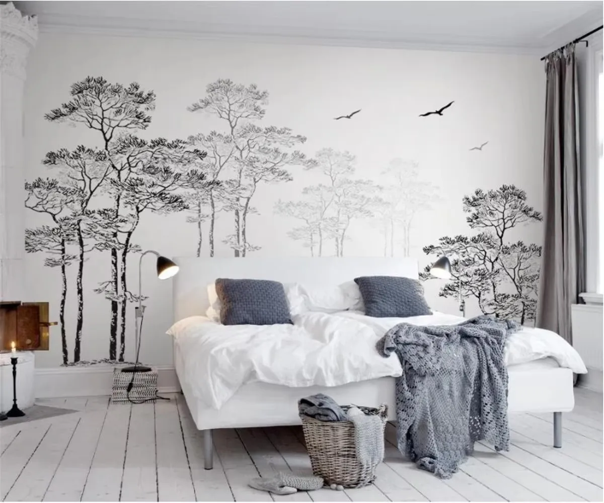 Aangepaste Behang Grote Boom Muurschildering Zwart En Wit Berkenbos Achtergrond Decoratieve Schilderkunst Zelfklevende Materiaal Mural Foto