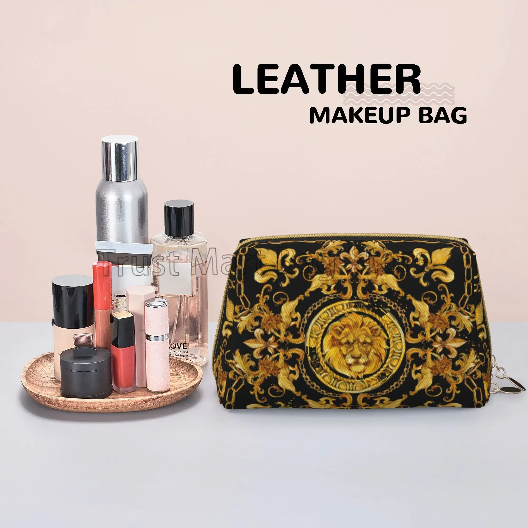 Golden Lion Baroque Print Leather Makeup Bag Large Capacity Travel Storage Pouch Portable Toiletry Cosmetic Bag for Women