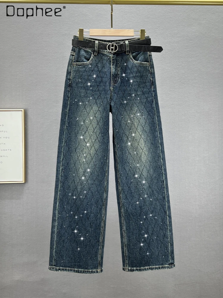 

European Fashion Rhinestones Wide-Leg Jeans Woman 2023 New Autumn Vintage Women Loose High Waist Rhinestone Denim Mop Trousers