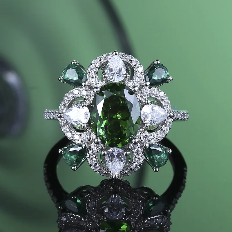 Original S925 Sterling Silver High-Carbon Diamond Ring 7*9mm Simulated Emerald Fashion Niche High-End Jewelry