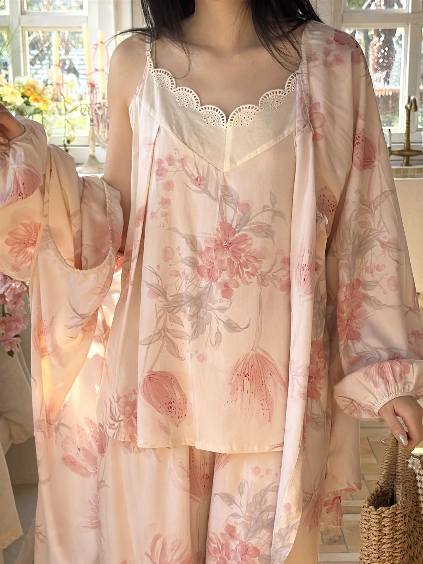Spring Summer Cotton Silk Sleepwear Women's Three-Piece Set Lace Trim Home Clothes Outfit Vacation Style Thin Breathable