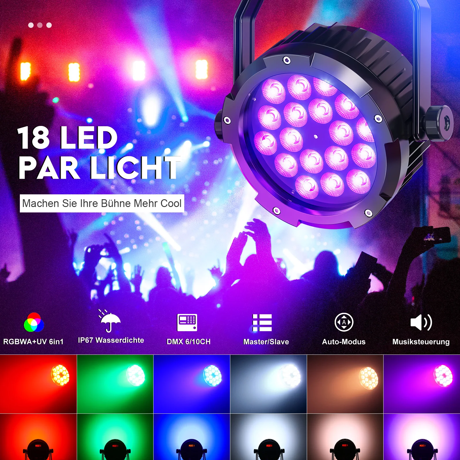 DayFlicker 150W 2PCS RGBWA+UV Waterproof 6 in 1 LED Par Light Stage Light DJ Light for Disco Dance Hall Party Bar Performance
