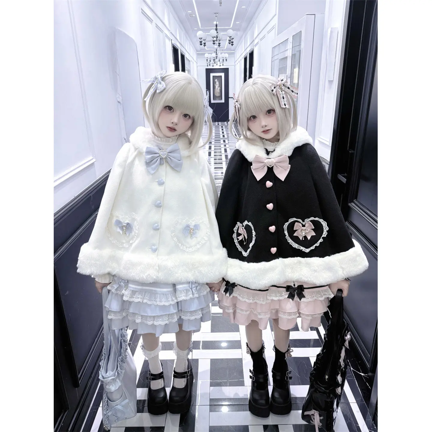 Kawaii Gothic Lolita Hooded Cape Black Pink Heart Bow Lace Faux Fur Edge Warm Short Cloak Coat for Girls