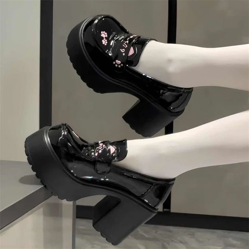 Elevated 7CM Single Shoes Embroidered Uniform Style Cute Japanese Themed Slip-On round Toe Leather Shoes for Young Women