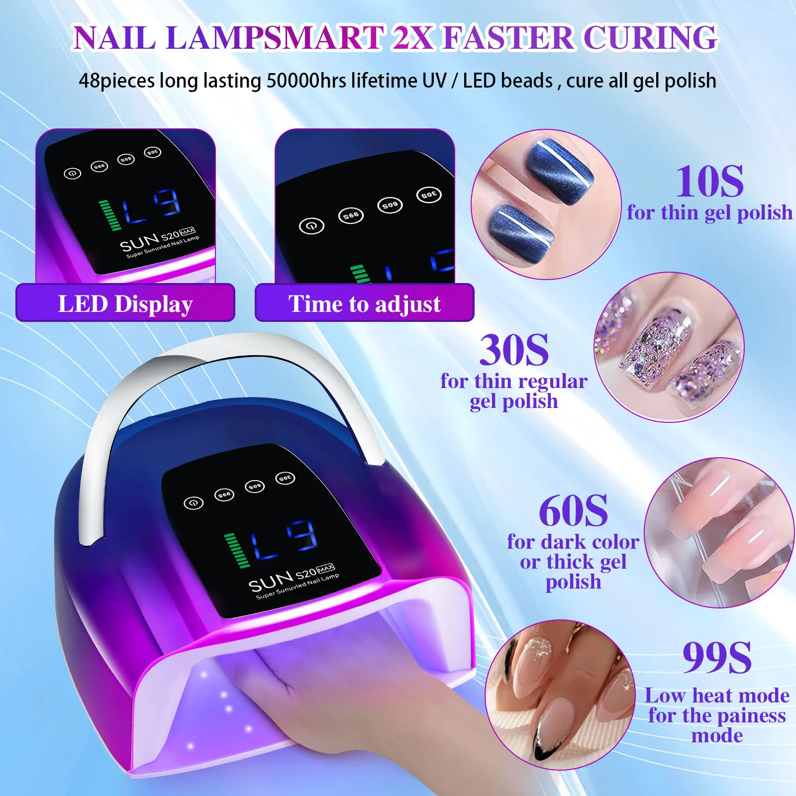 Lampe à ongles UV professionnelle sans fil avec écran tactile, lumière pour gel, modes intégrés à 3 minuteries, 48 gibles, N64